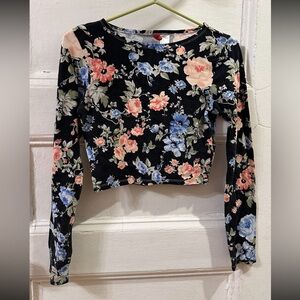 H&M Floral Long Sleeve Crop Top - Black, Pink, Blue - size small